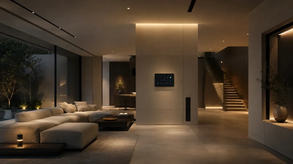 Luxury modern smart home interior with seamless automation systems, ambient architectural lighting, hidden controls, and calm minimalist design in a refined contemporary living environment.
