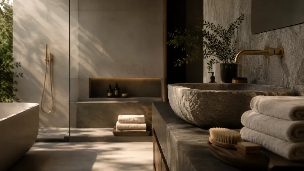 Luxury bath and wellness review editorial image featuring textured stone sink, brushed brass fixtures, premium towels, and calm spa-like architectural lighting
