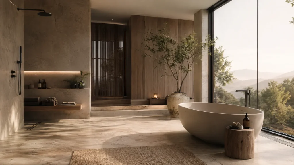 Serene luxury bath and wellness interior with freestanding stone tub, warm natural light, textured materials, and calm spa-inspired architectural design.