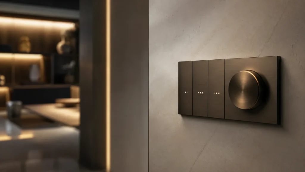 Close-up editorial view of luxury smart home automation controls and integrated wall switches inside a refined modern interior with warm ambient lighting and premium materials.
