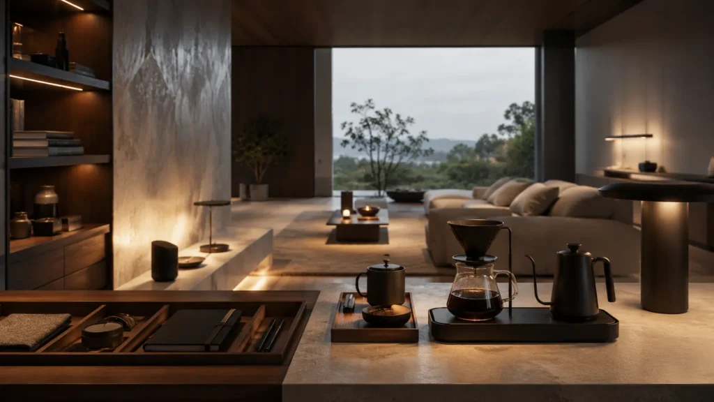 Luxury modern interior featuring refined daily systems including pour-over coffee setup, layered ambient lighting, organized objects, and calm ritual-focused living environment with warm editorial lighting.