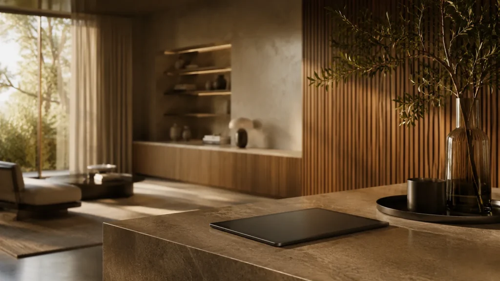 Cinematic luxury modern interior with subtle AI integration, warm natural lighting, refined materials, and calm invisible technology supporting daily life.
