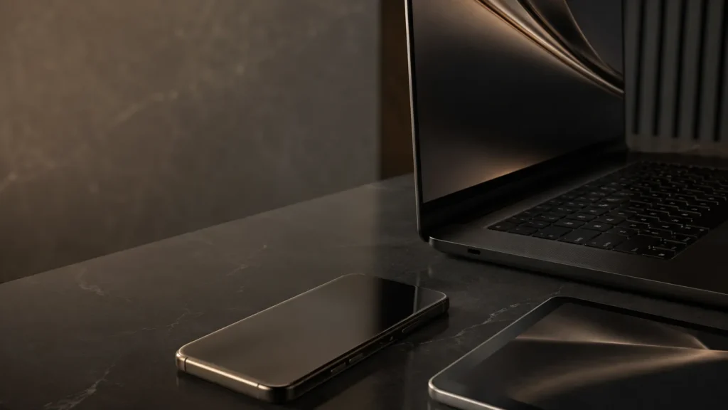 Refined luxury AI review workspace featuring premium technology devices, subtle interface displays, matte materials, and warm controlled lighting in a cinematic editorial composition.