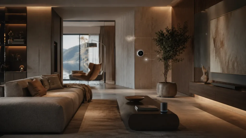 Cinematic luxury smart home interior with subtle AI systems, ambient interfaces, warm architectural lighting, and refined modern living environment with calm editorial atmosphere.