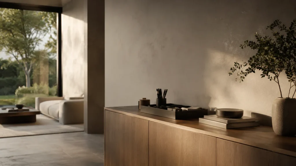 Cinematic editorial interior featuring refined daily organization systems, warm natural lighting, premium wood materials, and calm modern living spaces designed around intentional routine flow.