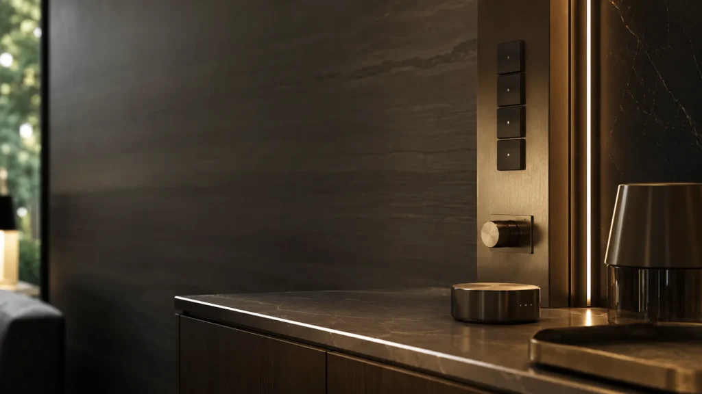 Cinematic editorial close-up of luxury daily systems controls and refined everyday objects inside a warm modern interior with premium materials, automation hardware, and soft ambient lighting.