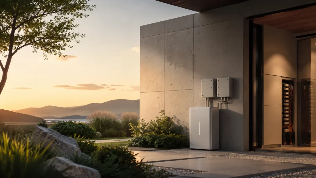 Luxury modern home with integrated energy storage systems, clean architectural infrastructure, warm sunset lighting, and seamless sustainable technology integration.