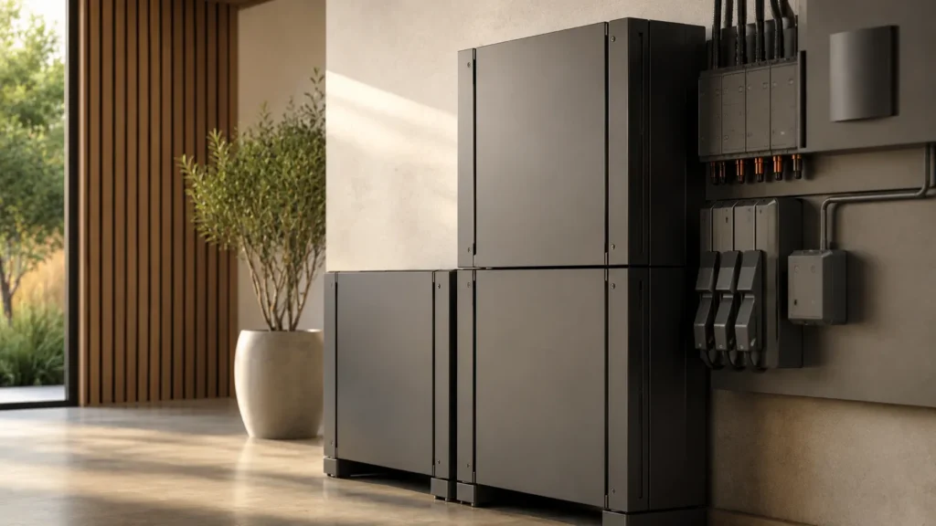 Luxury residential energy storage system with refined battery units, premium electrical switches, and integrated engineering details inside a warm modern architectural environment.