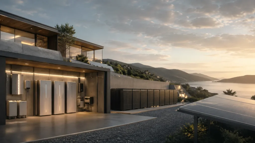 Luxury modern home with integrated solar panels, premium battery storage systems, and refined architectural energy infrastructure overlooking a calm coastal landscape at sunset.