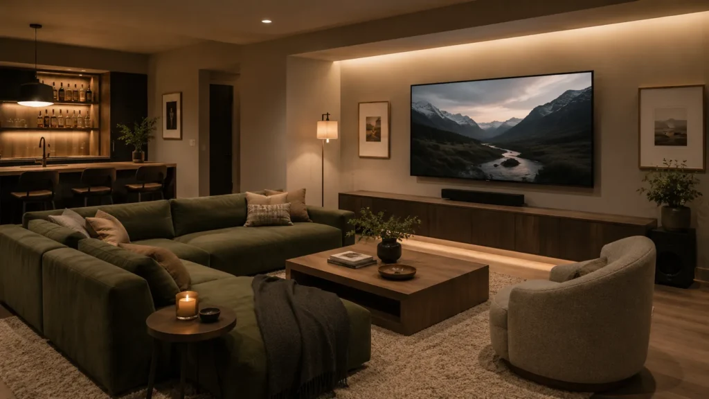 Luxury cinematic entertainment room with refined seating, acoustic wall panels, ambient lighting, hidden speakers, and warm modern architectural materials in a calm editorial interior.