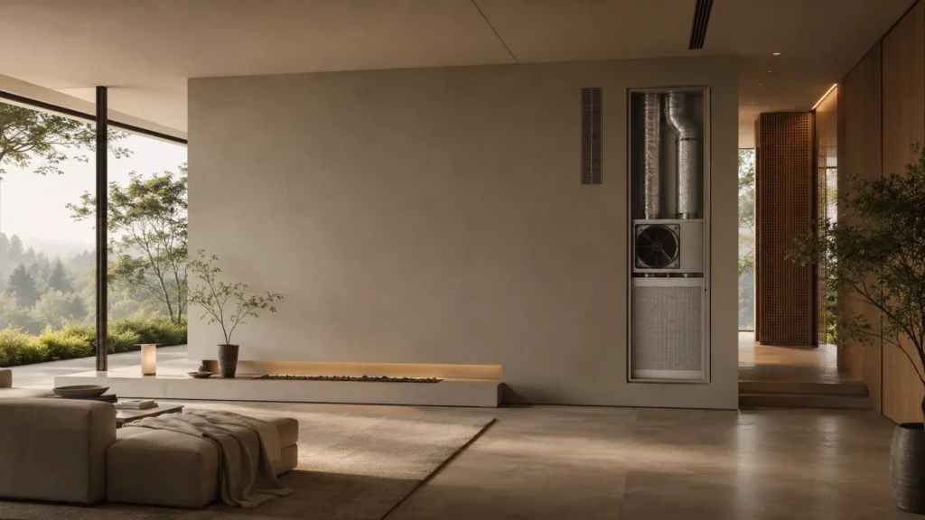 Cinematic luxury interior featuring integrated environmental systems, refined air quality infrastructure, warm natural lighting, and calm wellness-focused modern architecture with seamless climate control integration.