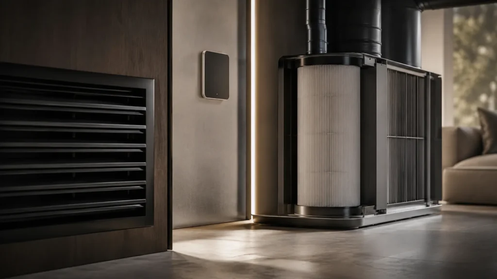 Premium environmental systems integrated into a refined modern interior featuring luxury air filtration hardware, architectural vents, and minimalist smart controls in warm cinematic lighting.