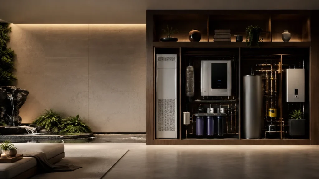 Luxury environmental systems integrated into a refined modern interior featuring air purification, water filtration, climate infrastructure, and warm architectural lighting in a calm wellness-focused living environment.
