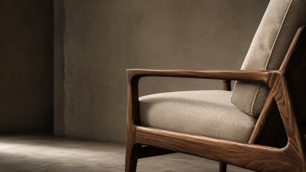 Close-up editorial view of a luxury lounge chair showcasing rich walnut wood grain, refined joinery, textured upholstery, and warm natural lighting within a calm modern interior.