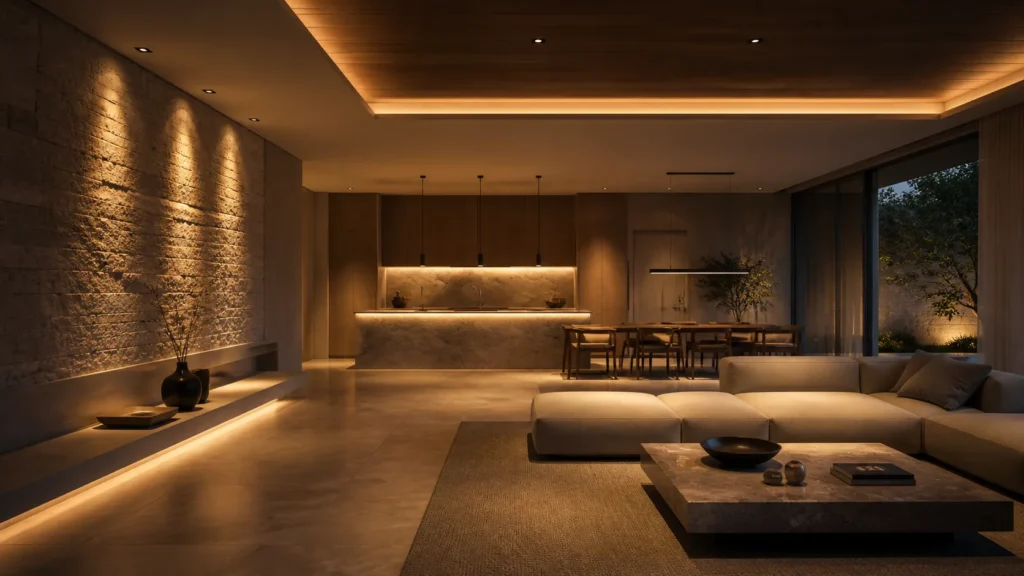 Modern luxury interior with layered ambient lighting, stone walls, wood ceilings, pendant lights, and warm architectural glow throughout an open-plan living space.