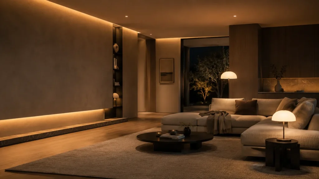 Warm modern luxury interior featuring layered architectural lighting, ambient glow, refined materials, and calm editorial atmosphere designed for premium lighting guides.