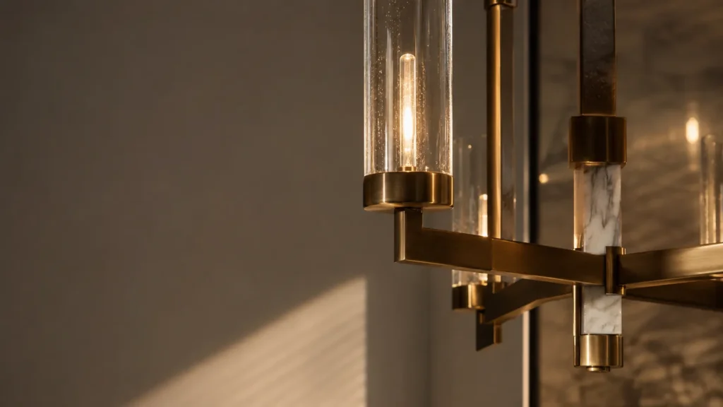 Cinematic close-up of a premium brass wall light fixture with warm ambient glow and refined craftsmanship inside a modern luxury interior.