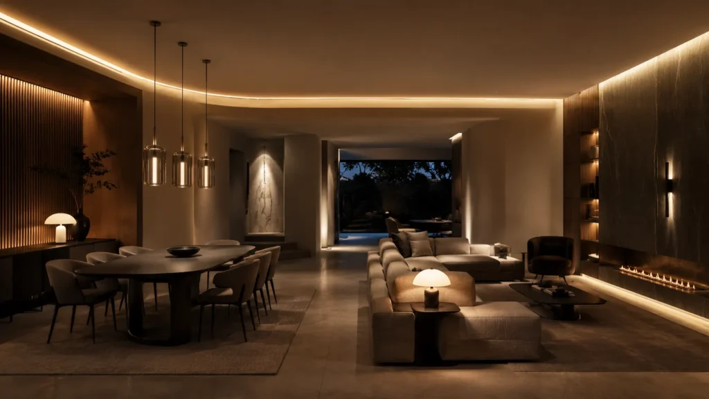 Layered architectural lighting inside a refined modern luxury interior featuring pendant lights, warm cove lighting, ambient sconces, textured stone surfaces, and calm evening atmosphere.