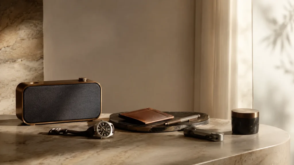 Curated arrangement of luxury objects including a premium speaker, leather wallet, wristwatch, and minimalist tech accessories on a warm stone surface in soft natural light.