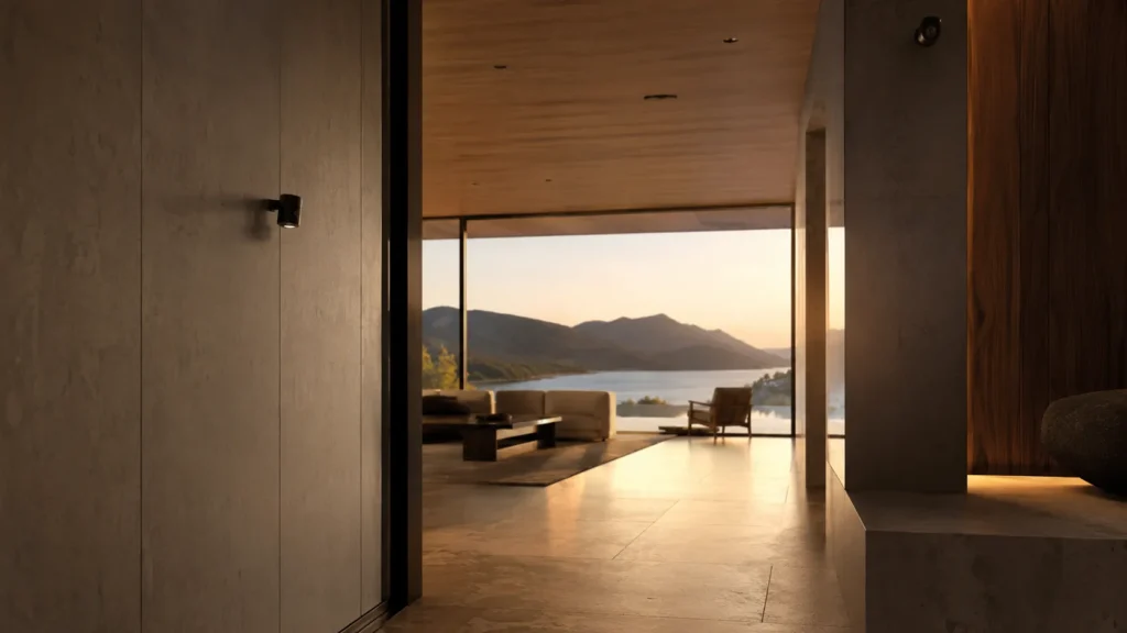 Warm modern luxury interior with discreet integrated security systems, soft architectural lighting, and seamless smart protection within a calm sophisticated living environment.