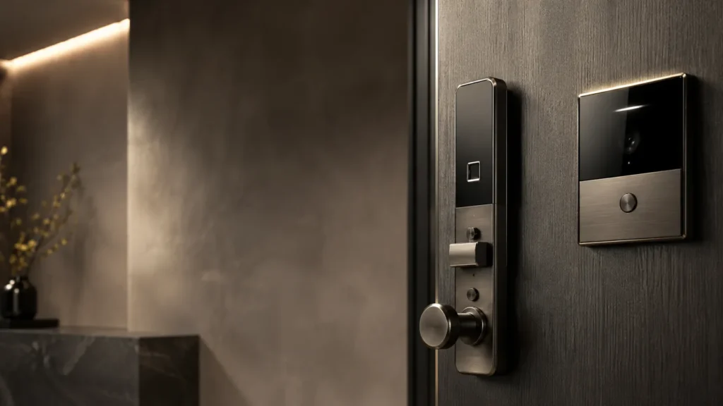 Close-up editorial view of premium smart lock hardware and refined biometric security controls integrated into a modern luxury interior with warm ambient lighting.