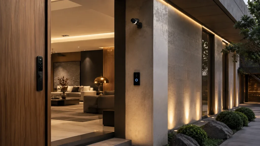 Luxury modern home exterior with discreet premium security systems, biometric entry access, hidden cameras, warm architectural lighting, and refined contemporary materials in a calm cinematic atmosphere.