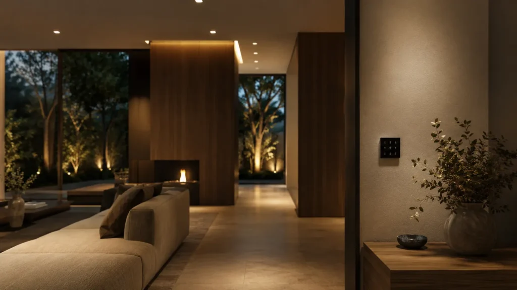 Warm modern luxury interior with integrated smart home automation controls, soft ambient lighting, natural wood textures, and calm architectural flow designed for seamless daily living.

