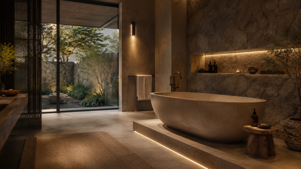 Luxury spa-inspired bathroom interior with stone soaking tub, soft indirect lighting, textured natural materials, and calm wellness-focused atmosphere in a refined modern home.
