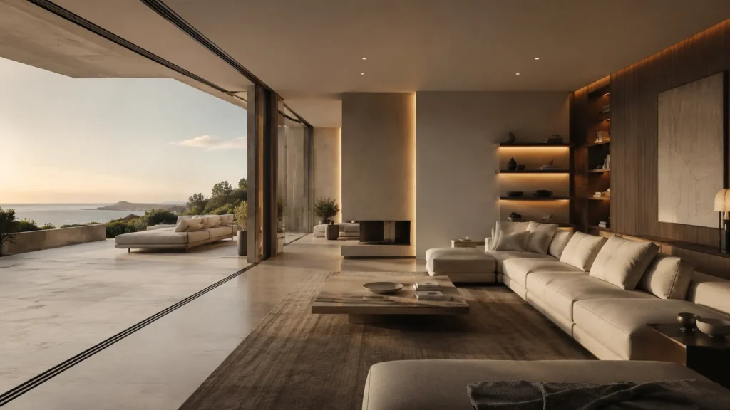 Luxury seamless living interior with integrated lighting, climate control, architectural audio, and refined modern furniture in a calm open-concept environment overlooking the coast.