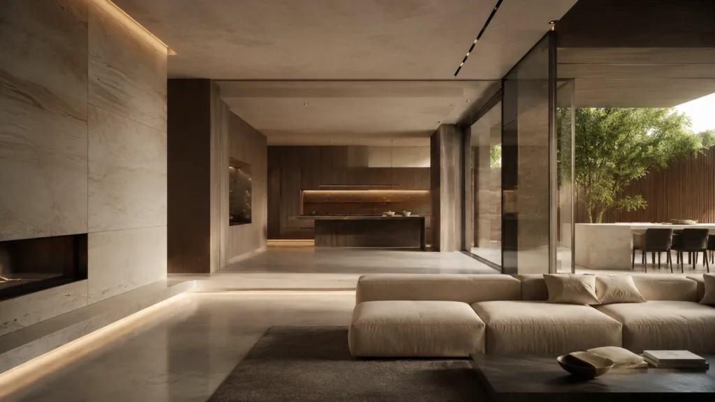 Cinematic luxury interior with seamless integration between living, kitchen, and outdoor spaces featuring warm architectural lighting, natural stone, dark wood finishes, and calm modern minimalism.