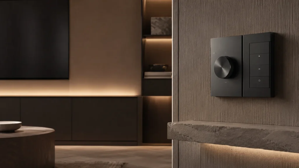 Luxury seamless living interior featuring refined smart controls, hidden technology integration, textured wood paneling, architectural stone surfaces, and warm ambient lighting in a modern premium home environment.